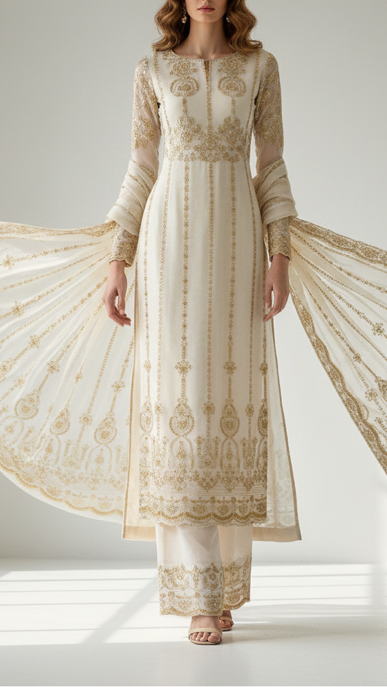 White Dyeable Georgette Fabric With All Over Sequins, Katdana And Bead Work With One Side Scalloped Border 21488