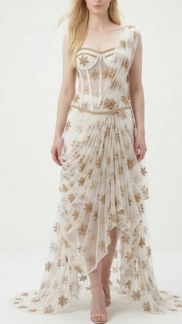 The Noor - White Dyeable Organza Fabric With All Over Katdana, Bead And Sequins Work | 22374
