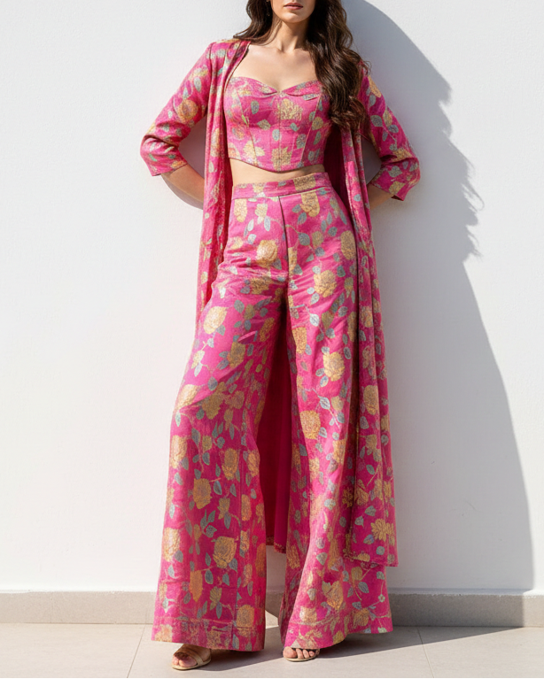 Barbie Pink Banarasi Brocade Fabric With All Over Thread And Zari Handloom 21476