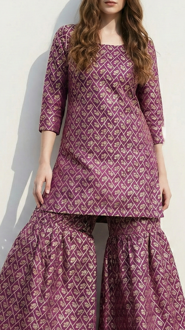 Dark Purple Banarasi Brocade Fabric With All Over Golden Zari Handloom 20838