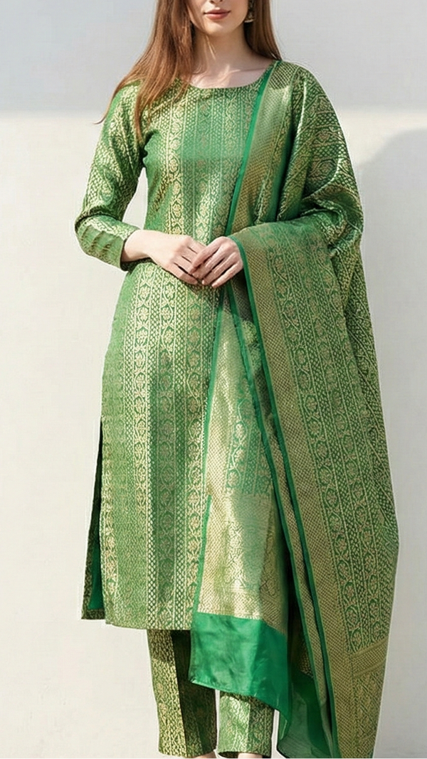 Green Banarasi Brocade Fabric With Allover Golden Zari Handloom 21150