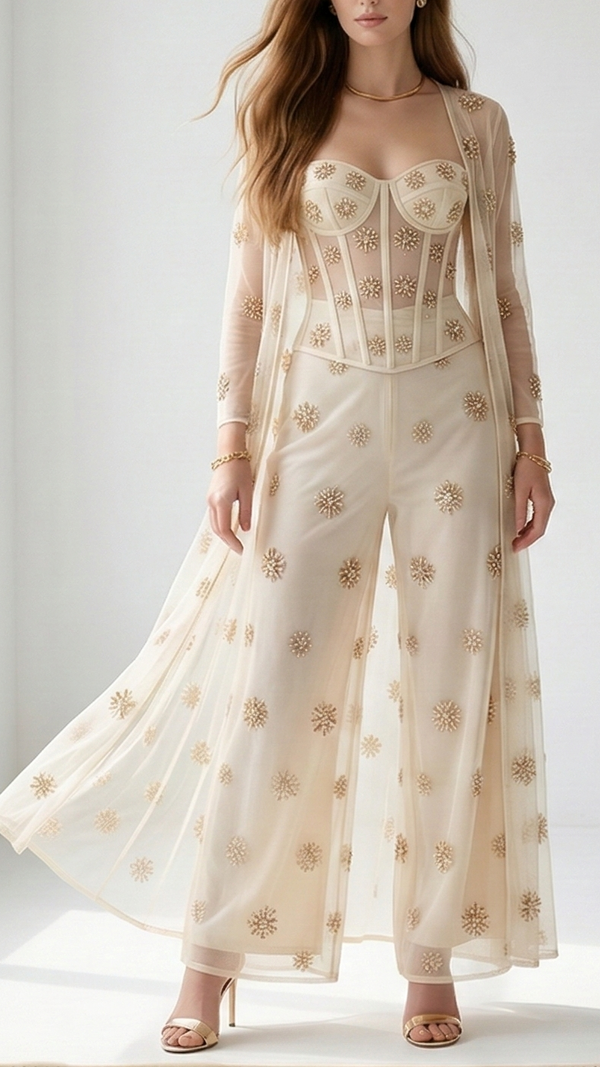 The Noor - White Dyeable Georgette Fabric With All Over Sequins, Beads And Katdana Work | 22183