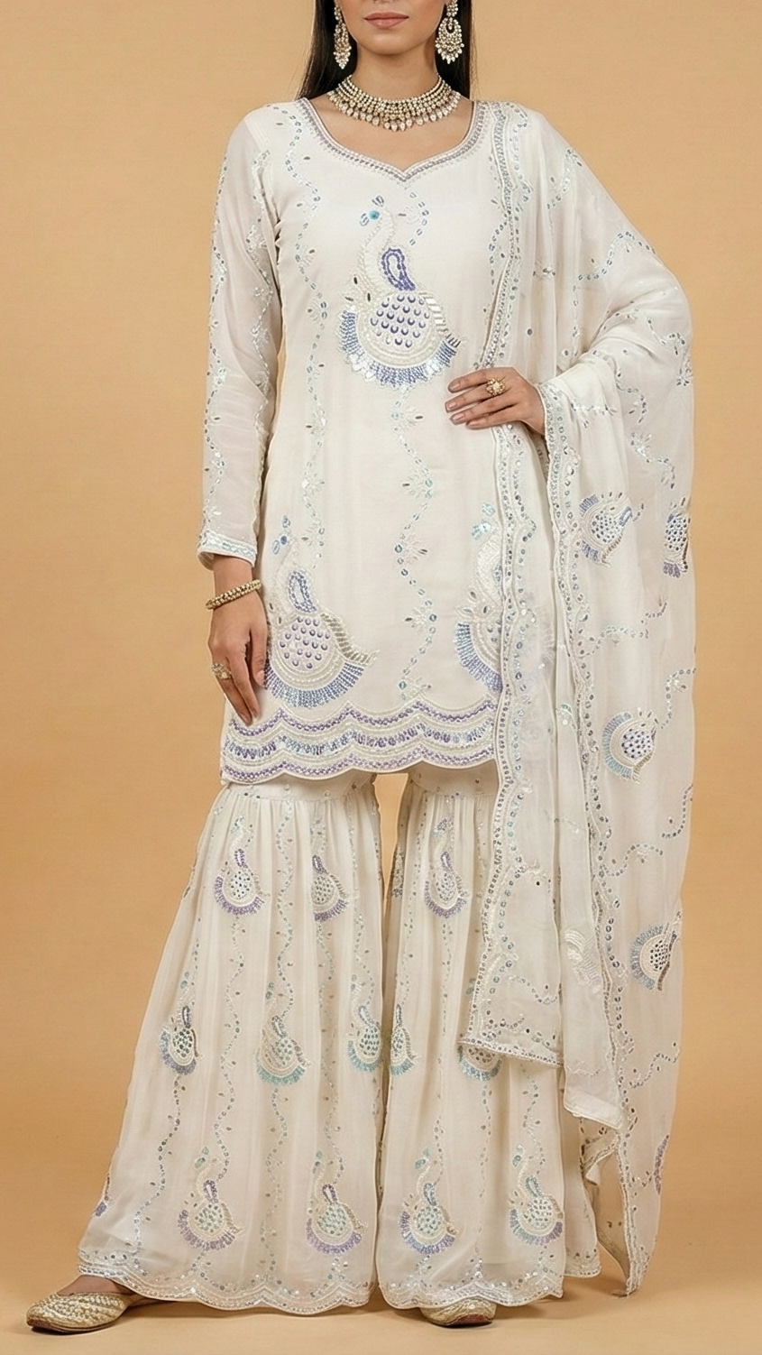 The Noor - White Georgette Peacock Symphony Fabric with Rainbow Sequins, Kutdana, Beads, and Threadwork | 11670