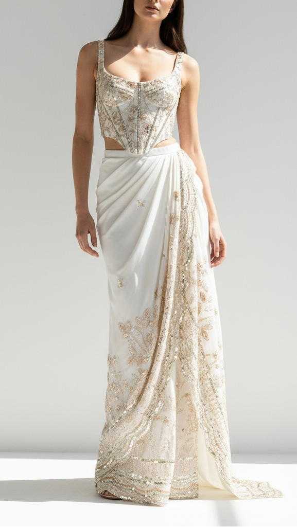 White Dyeable Organza Fabric With All Over Buti Of Sequins, Bead, Katdana And Zari Work With One Side Scalloped Border 21717