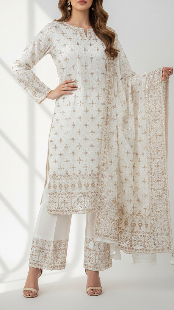 White Dyeable Georgette Fabric With All Over Buti Of Zari, Sequins, Katdana And Bead Work With One Side Border 21757