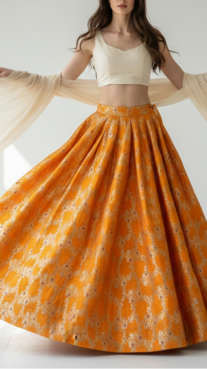 Mustard Banarasi Brocade Fabric With All Over Golden Zari Handloom 21645