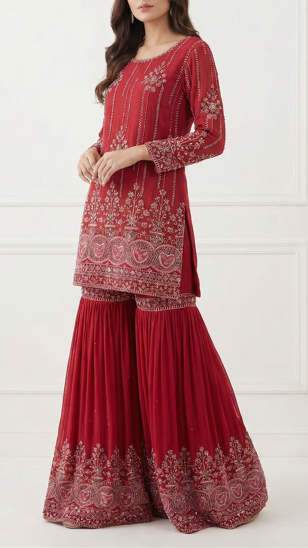 Maroon Georgette Fabric With Allover Sequins, Katdana And Bead Work With Heavy Border 21122
