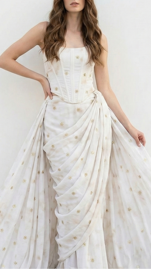 White Dyeable Crepe Fabric With Allover Buti Of Sequins And Zari Work 21081
