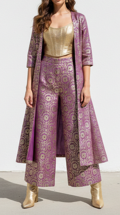 Purple Banarasi Brocade Fabric With All Over Thread And Zari Handloom 20942