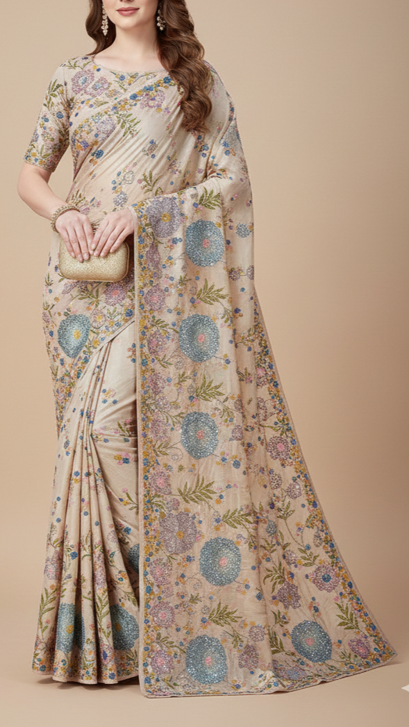 Peach Crepe Fabric With All Over Thread, Zari And Sequins With One Side Border 20374
