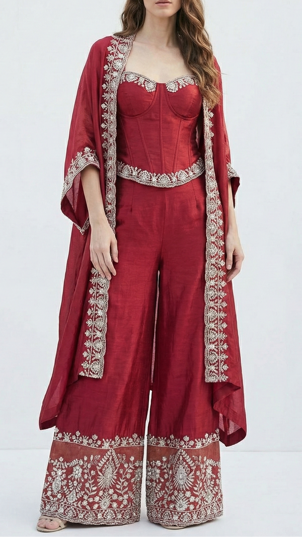 Maroon Tissue Fabric with Heavy Border of Zari and Sequins Work  20911
