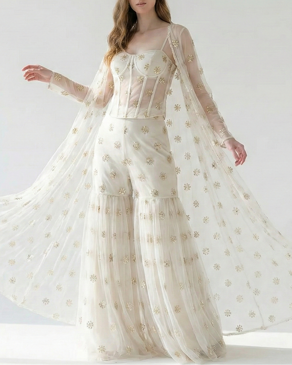 White Dyeable Organza Fabric With Allover Buti Of Golden Katdana, Bead And Sequins Work 21106
