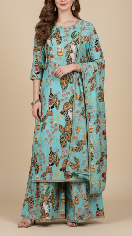 Sky Blue Crepe Fabric with All Over Zari and Sequins Work with Abstract Print 15987