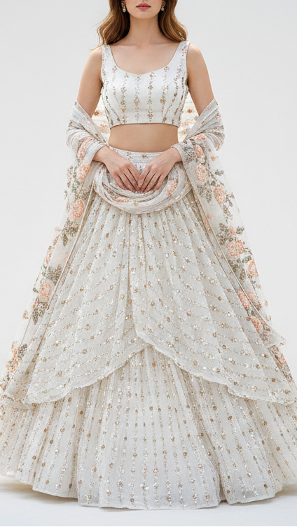 White Dyeable Silk Fabric With All Over Stripes Of Beads, Katdana And Sequins Work 21567