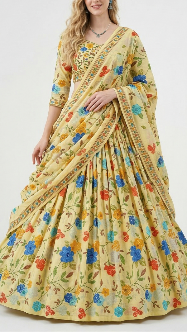 Lemon Yellow Muslin Fabric With All Over Sequins And Thread Work 22483