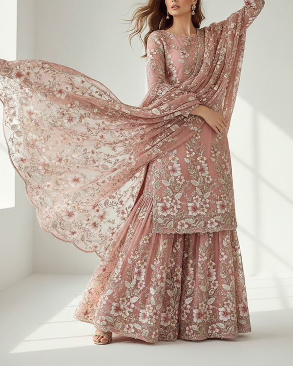 Rosy Brown Imported Net Fabric With All Over Sequins, Bead, Katdana And Ribbon Work 22103