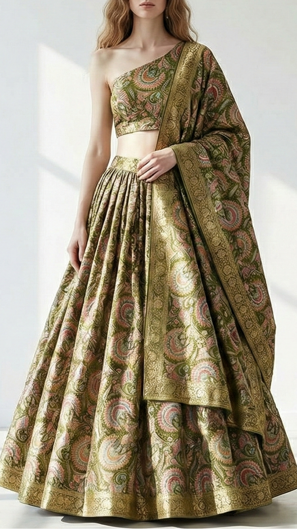 Mehendi Green Silk Fabric With Traditional Print With Golden Zari Work 20311