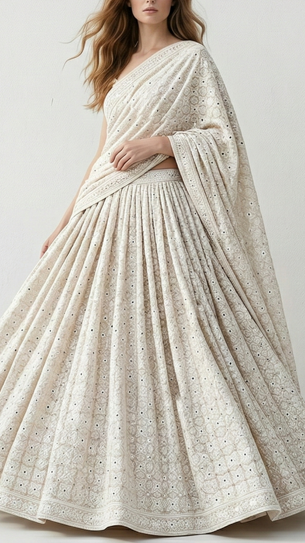 White Dyeable Georgette Fabric With All Over Zari, Thread And Fuax Mirror Work 21962