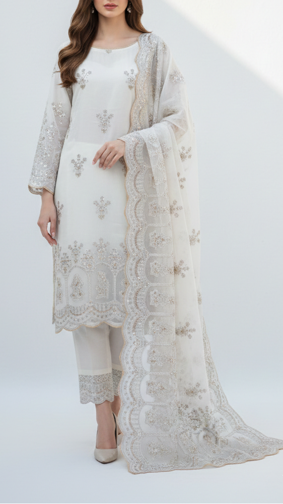 White Dyeable Georgette Fabric With All Over Katdana, Sequins, Zari And One Side Net Cutwork Border 19010