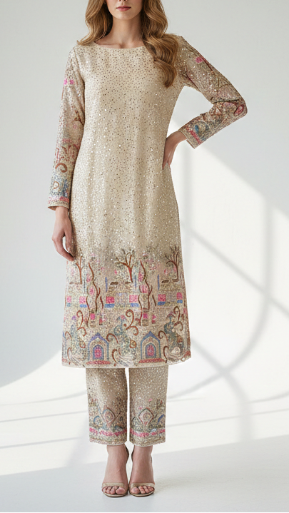 White Organza with Sequins, Zari, and Elegant Threadwork Detailing 10634