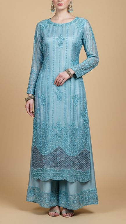 Sky Blue Imported Organza Satin Fabric with All Over Katdana, Bead & Sequins Work with One Side Cutwork and Scalloped Border 15525