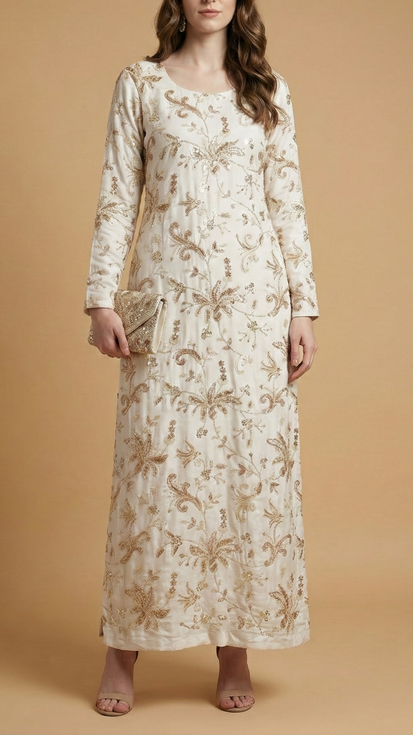 White Dyeable Crepe Fabric With All Over Sequins, Katdana And Bead Work 20547