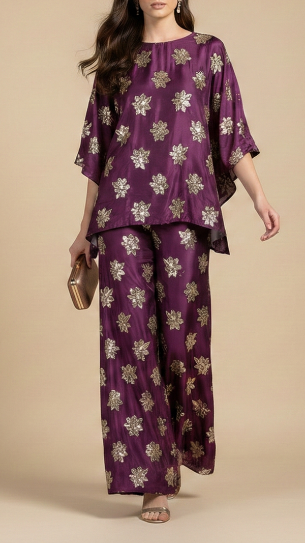 Deep Purple Silk Fabric With All Over Sequins, Bead And Katdana 20915