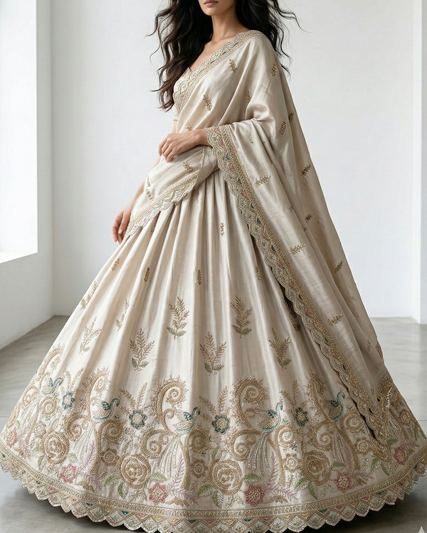 White Dyeable Dola Silk Fabric With All Over Zari, Sequins, Bead, Katdana And Multi Color Thread Work With One Side Scalloped Border 21964