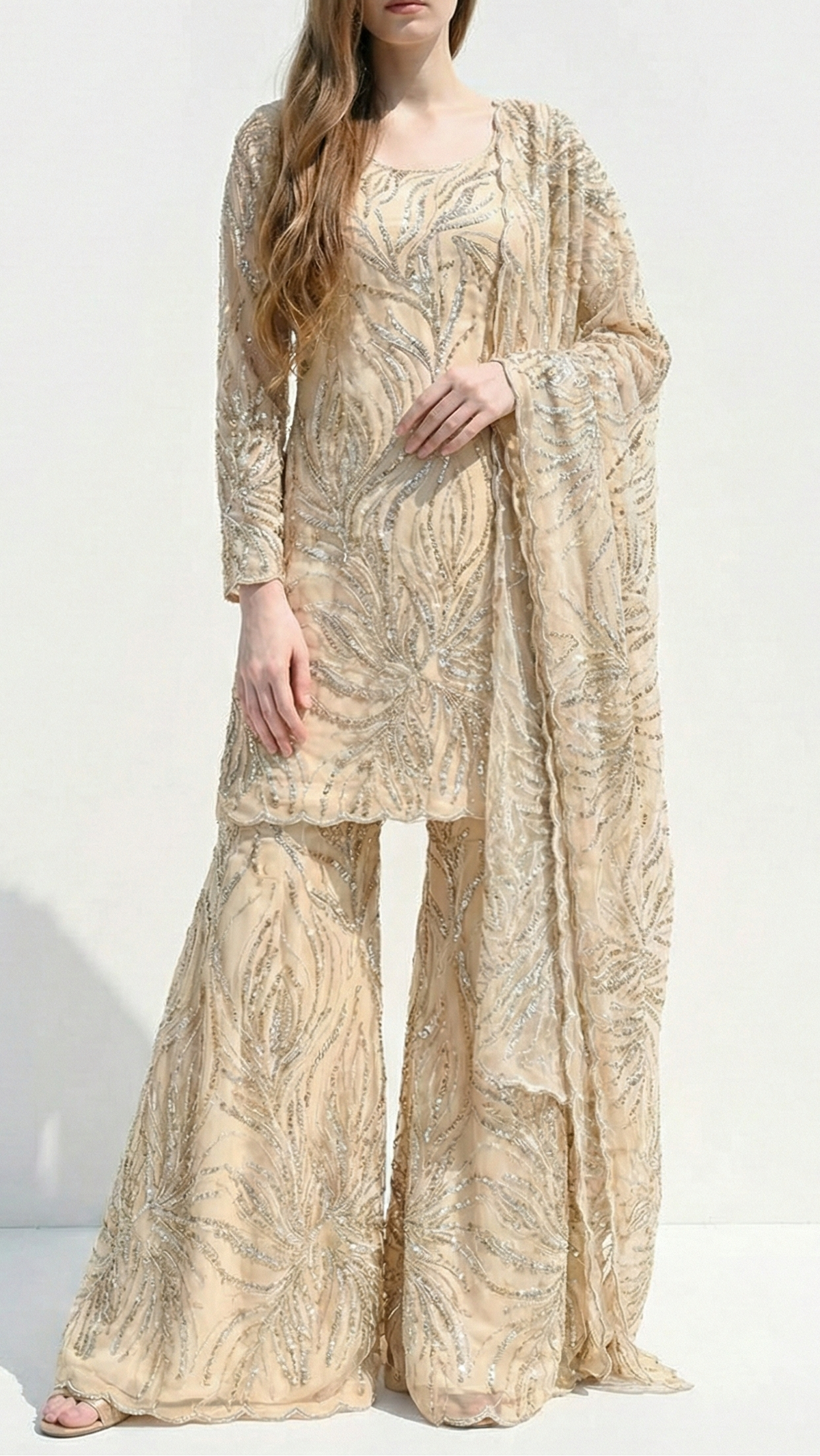 Golden Net Fabric With All Over Bead And Sequins Work With Hangings And Two Side Scalloped Edges 22136