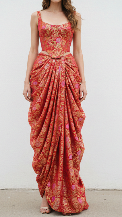 Red Banarasi Brocade Fabric With All Over Thread And Zari Handloom 21265