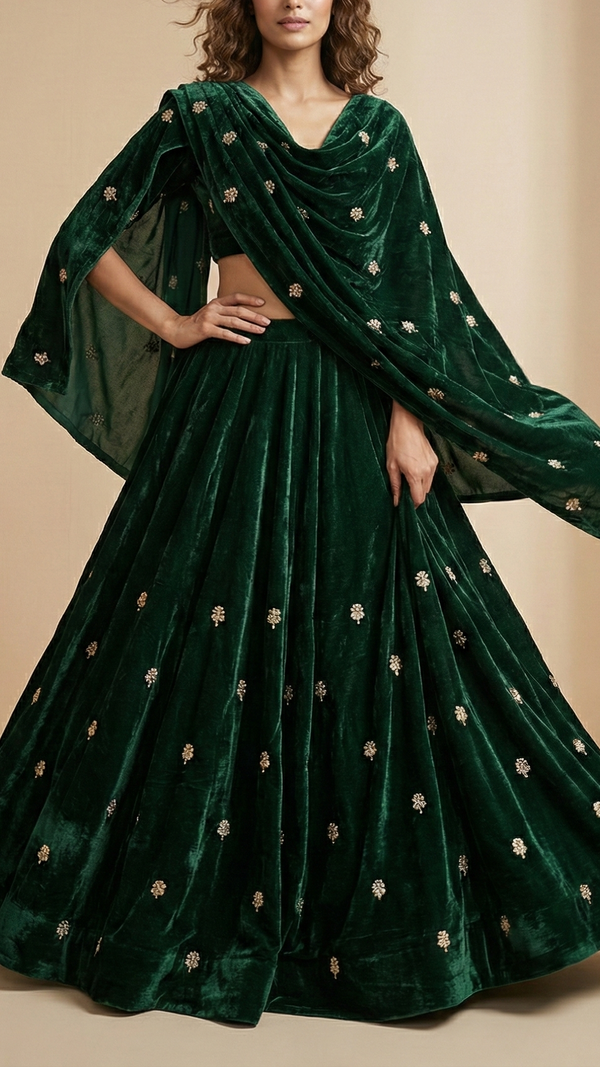 Bottle Green Velvet Fabric With All Over Buti Of Katdana, Sequins And Zari 20601