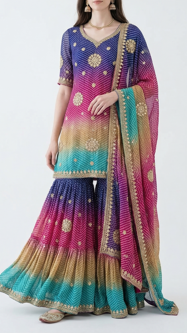 Multi-Color Chinon Chiffon Fabric With All Over Bandhani Print, Bead, Sequins And Katdana Work 22420