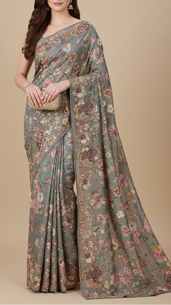 Rahul Mishra Inspired Edition | Grey Embroidered Crepe Unstitched Fabric 20465