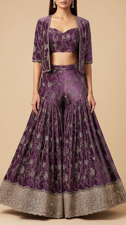 Lavender Velvet Fabric With All Over Buti Of Katdana And Bead With One Side Border 20623