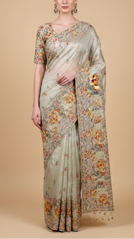 Mustard Tissue Fabric With All Over Buti Of Thread, Sequins And Katdana With One Side Heavy Work Border 16363