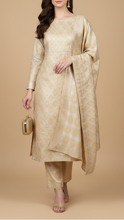 White Organza Tissue Fabric With All Over Golden Zari Handloom 20576
