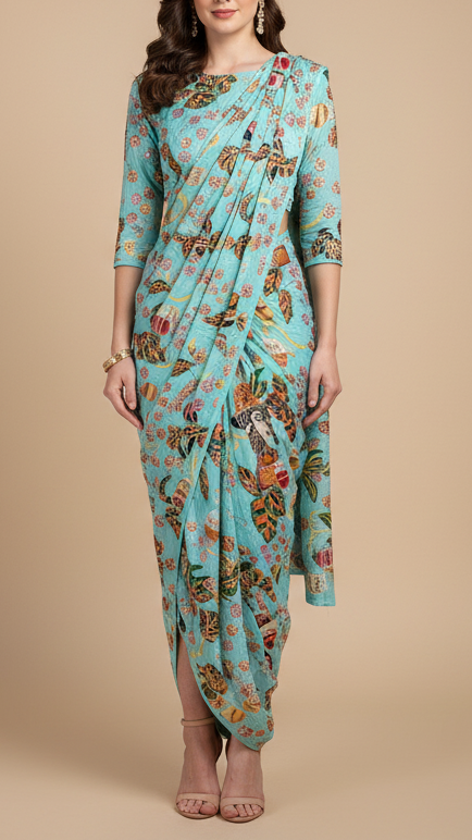 Sky Blue Crepe Fabric with All Over Zari and Sequins Work with Abstract Print 15987