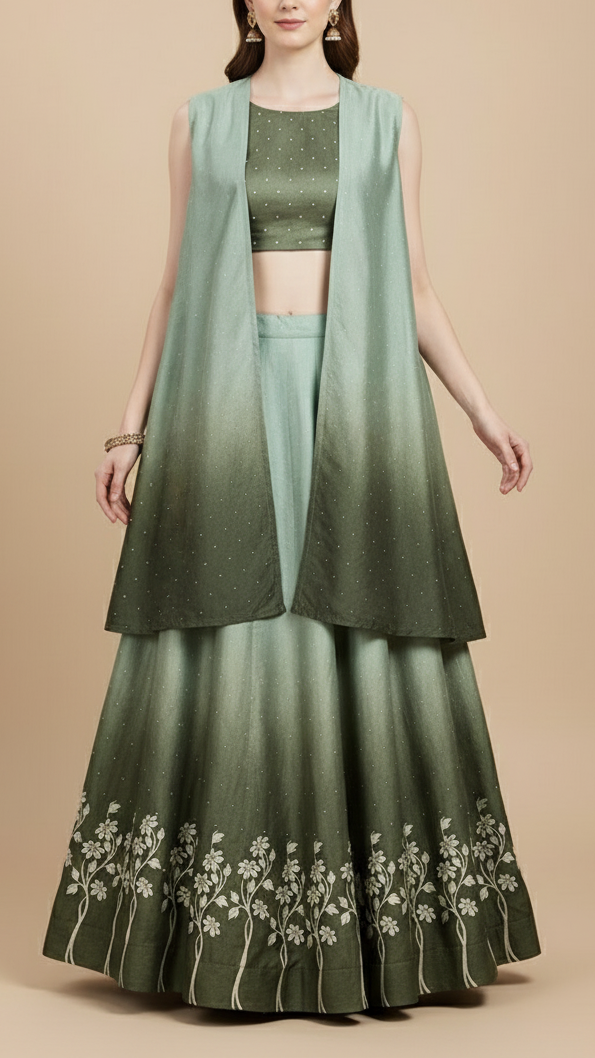 Olive Green Silk Fabric With All Over Ombre Shade And Floral Print With Bead And Sequins Work 19967