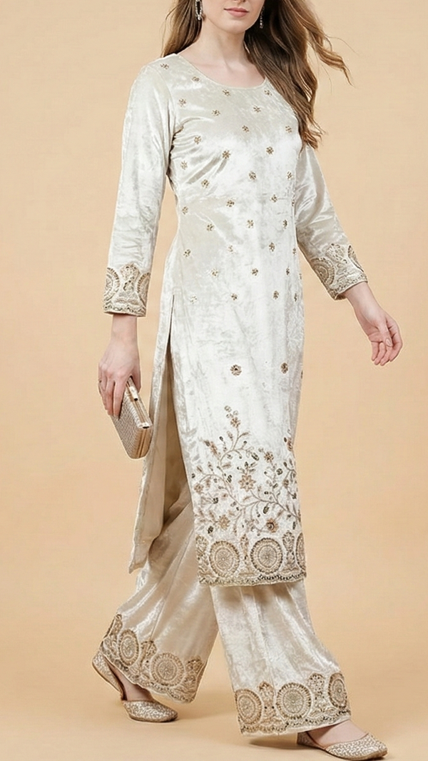 White Velvet Fabric With All Over Buti Of Katdana, Sequins And Bead With One Side Border 20634