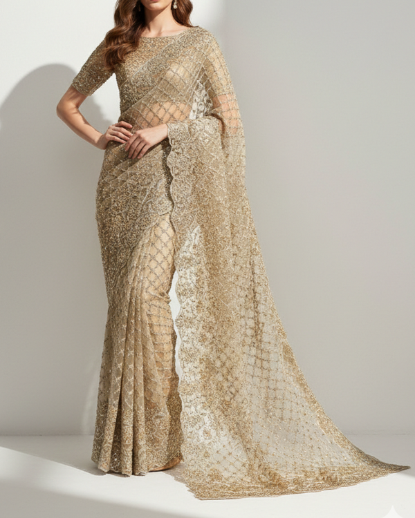 Golden Imported Net Fabric With All Over Sequins, Katdana, Bead And Zari Work With One Side Border 22128