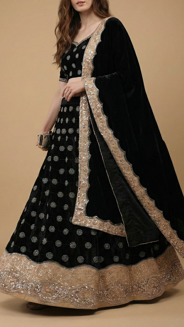 Black Velvet Fabric With All Over Buti Of Katdana And Bead With One Side Border 20626