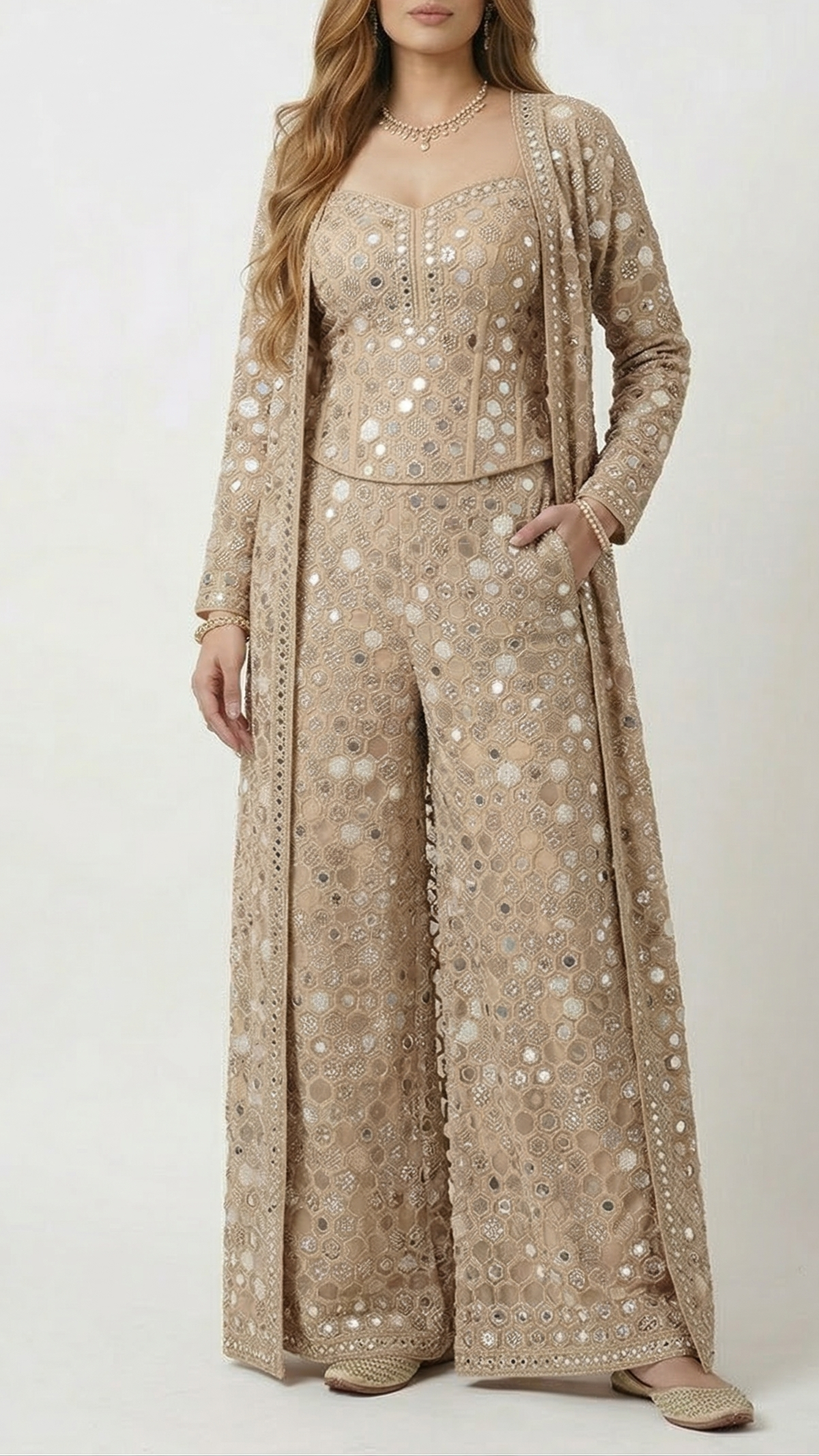 Golden Imported Net Fabric With All Over Zari, Sequins, Katdana, Faux Mirror And Cut Work 22394