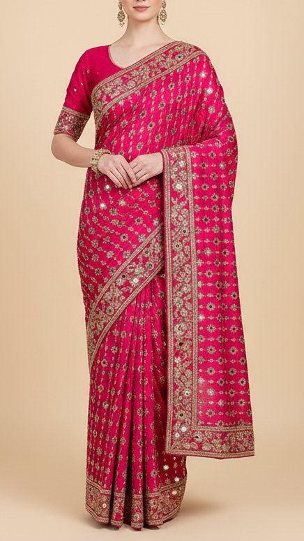 Rani Pink Crepe Fabric With All Over Sequins, Katdana, Zari, Mirror And Bead Work With One Side Border 19993