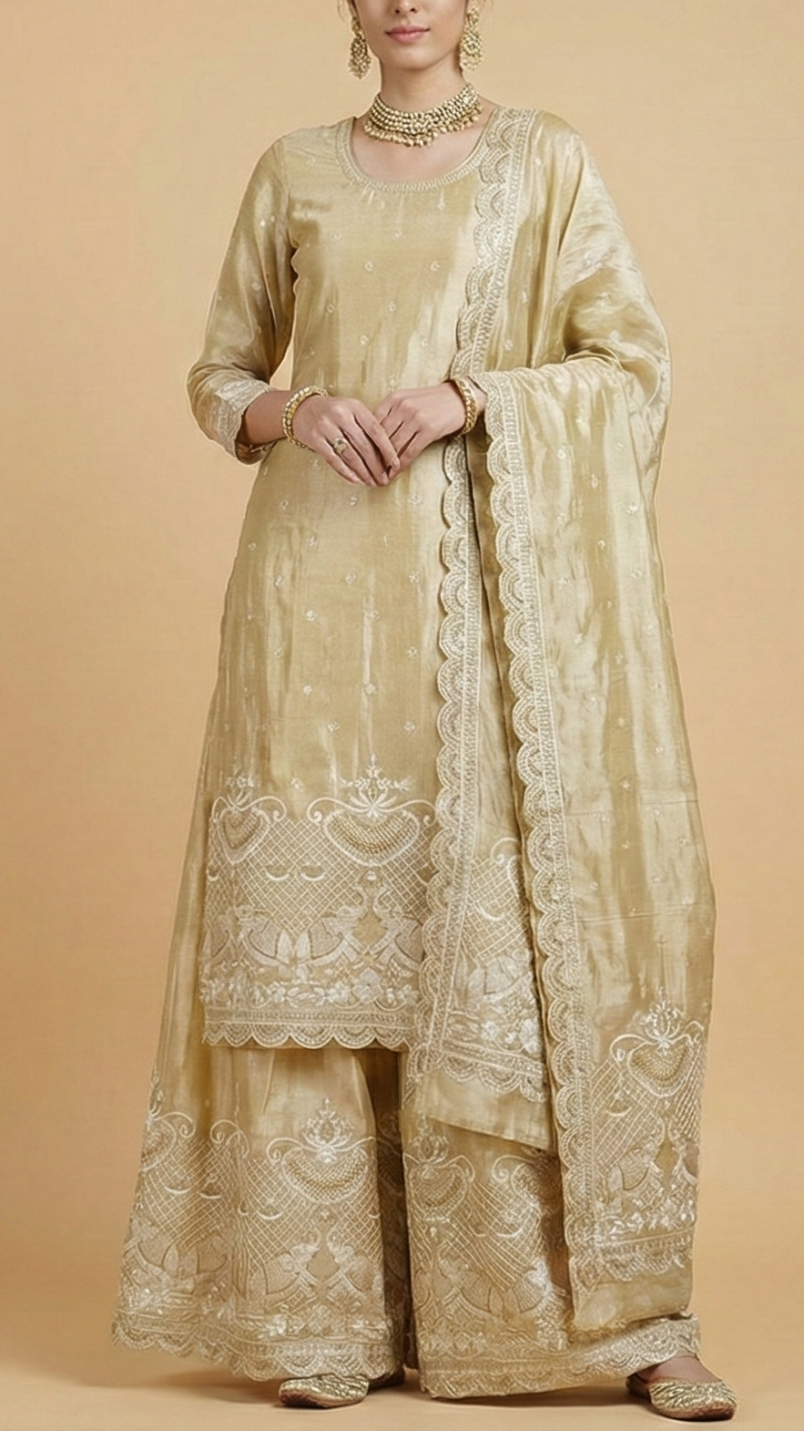 The Noor - Golden Tissue Fabric With Sequins, Zari And Threadwork Elegance | 10191