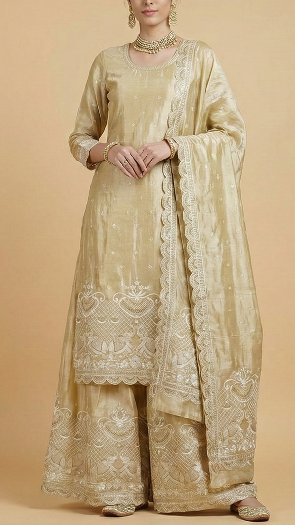 The Noor - Golden Tissue Fabric With Sequins, Zari And Threadwork Elegance | 10191
