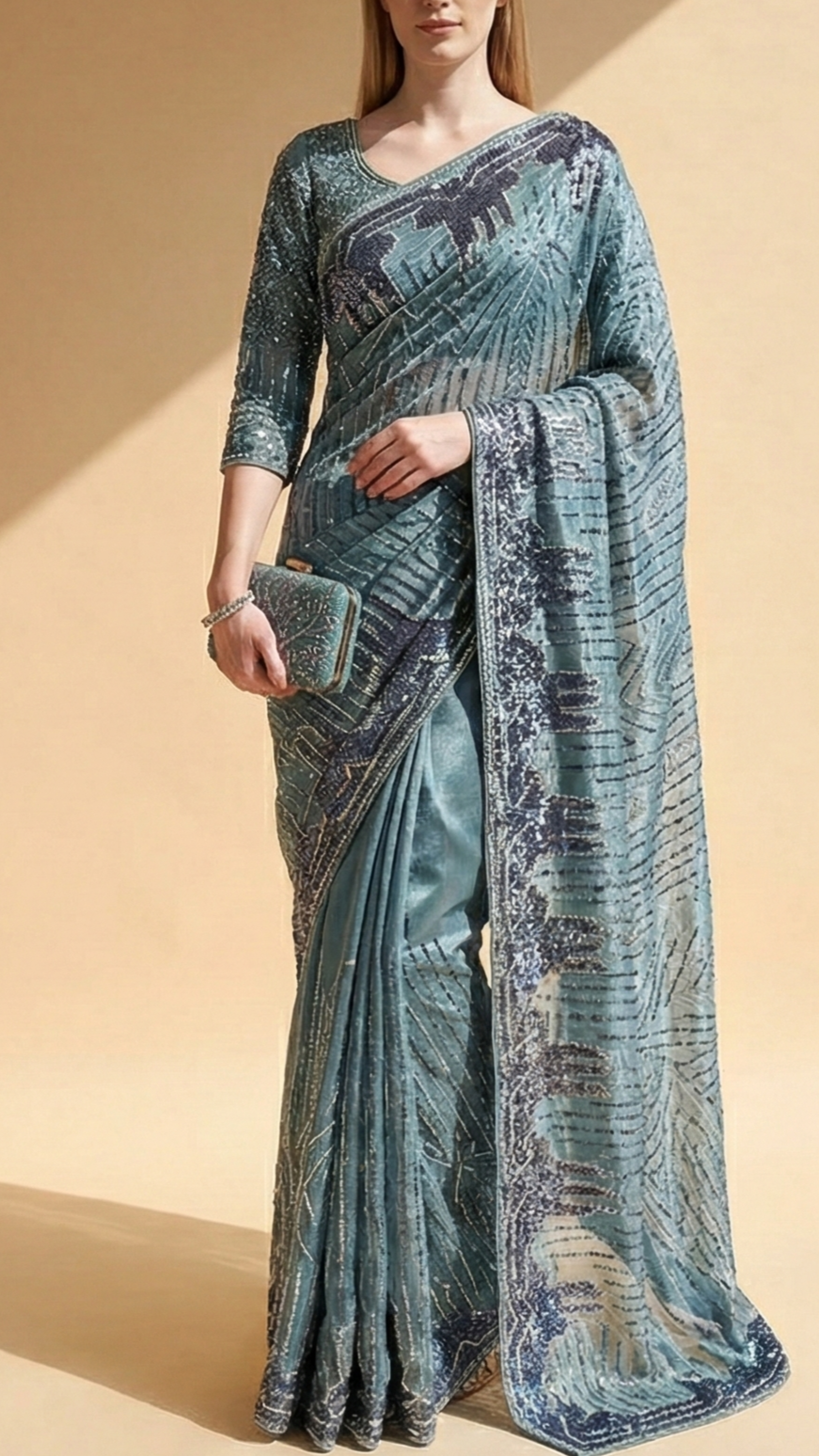 Deep Aqua Imported Organza Satin Fabric with All Over Katdana and Sequins Flowers 12815