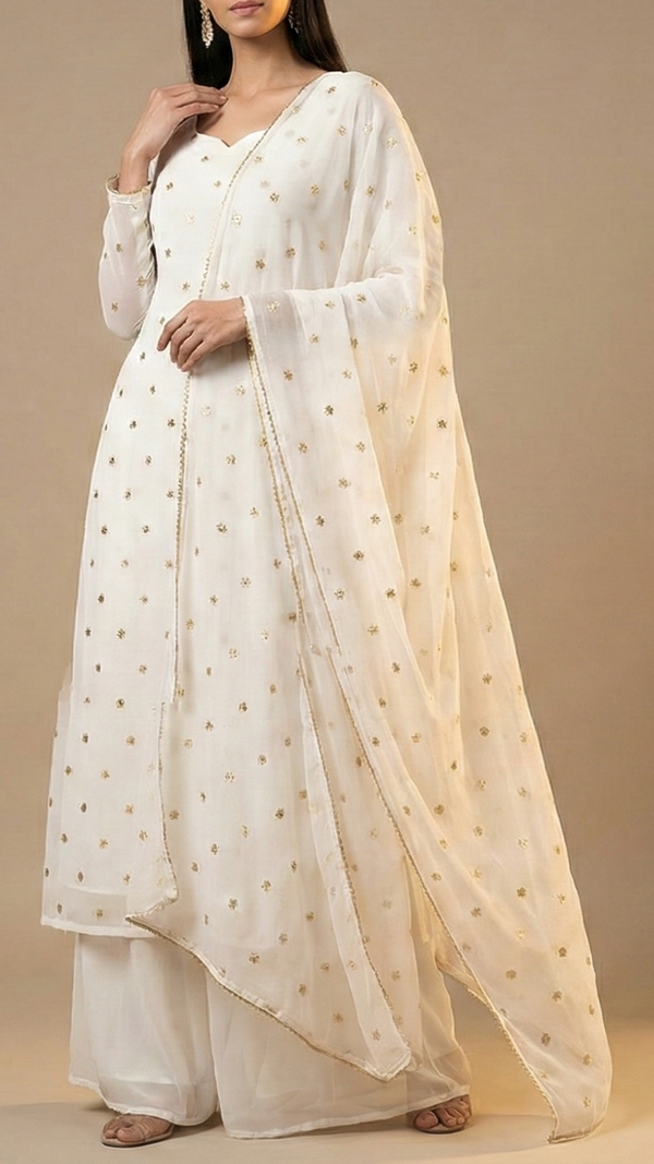 The Noor - White Organza Fabric with Golden Buti of Sequins 12297