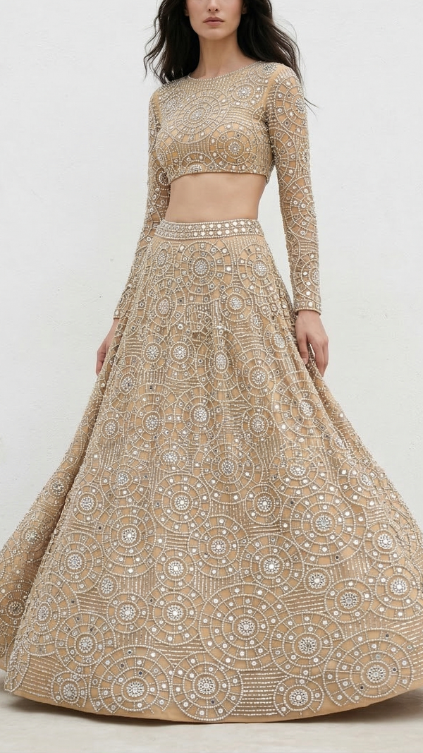 Golden Imported Net Fabric With All Over Zari, Bead, Faux Mirror, Katdana And Cutwork 21999