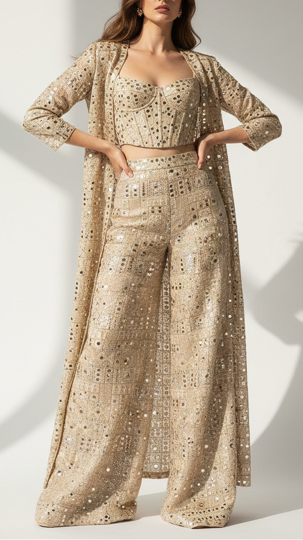 Golden Dyeable Tissue Fabric With All Over Zari, Faux Mirror And Katdana Work 21727