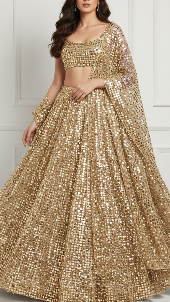 Golden Imported Laser Cutwork Net Fabric With All Over Zari And Faux Mirror Work 21120